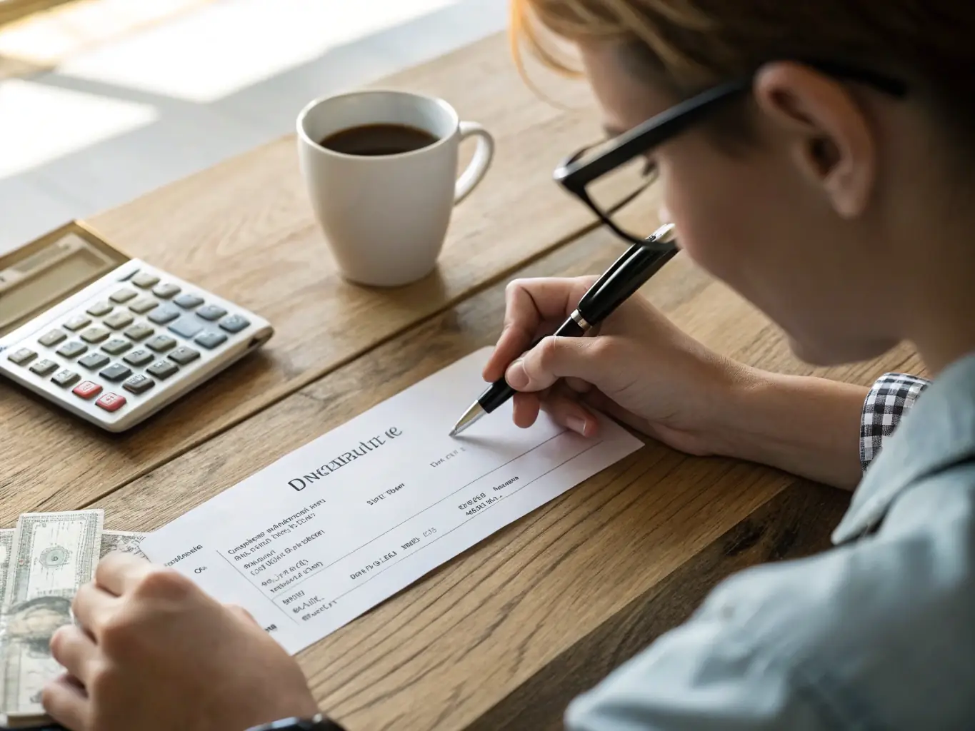 A person writing a check to donate to the RURAL FAMILY ASSOCIATION OF LONGUE, symbolizing traditional methods of giving and the importance of financial contributions.