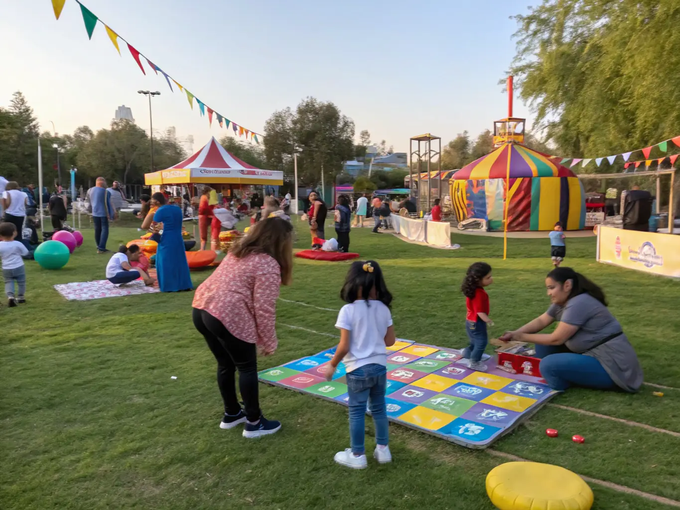 A vibrant scene at a community event organized by the Rural Family Association, showcasing families participating in games and activities, with volunteers assisting and engaging with attendees.