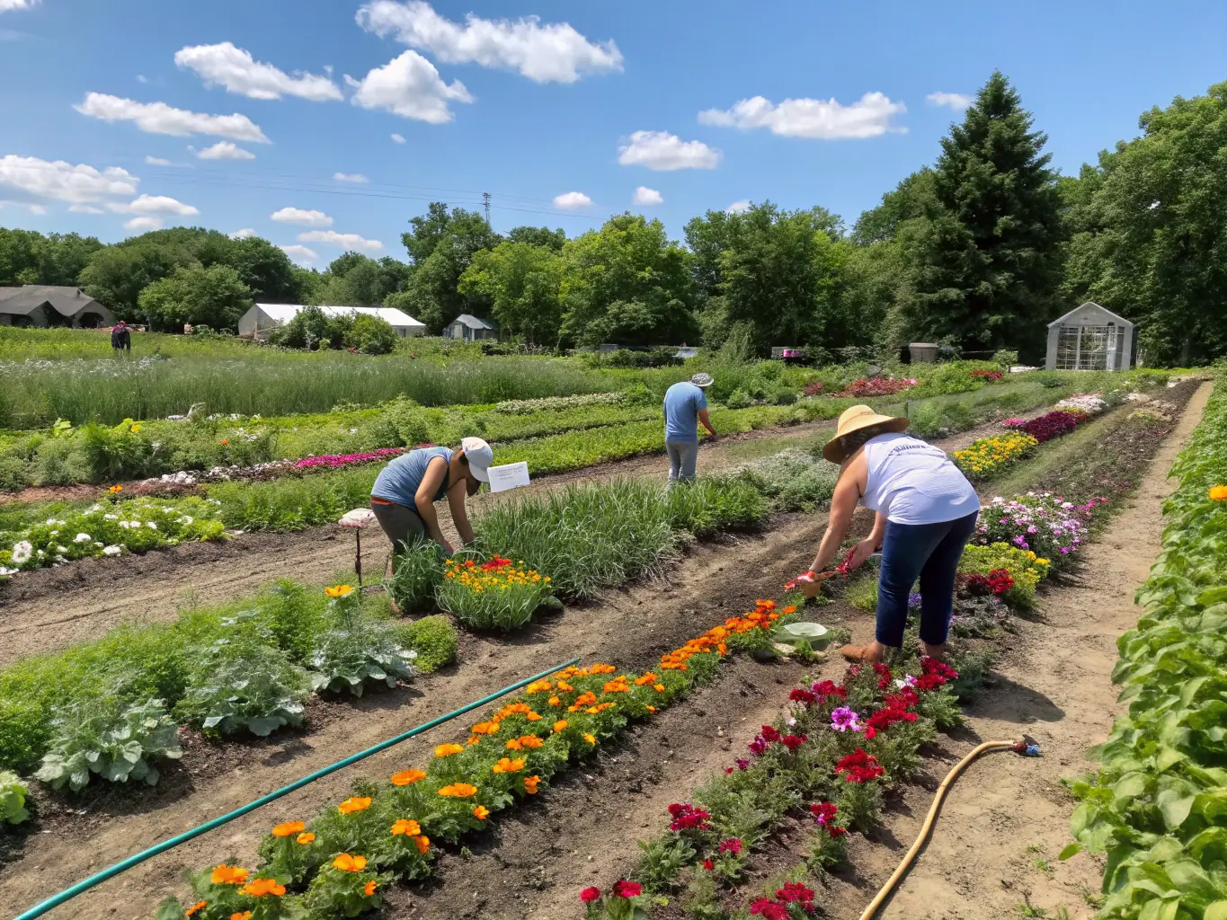 A group of rural families participating in a community garden project, showcasing sustainable living and community collaboration.