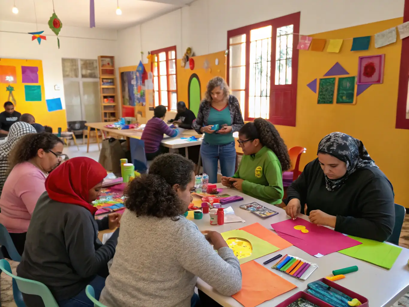 A workshop session where community members are learning new skills, such as crafting or repairing household items, promoting self-sufficiency.