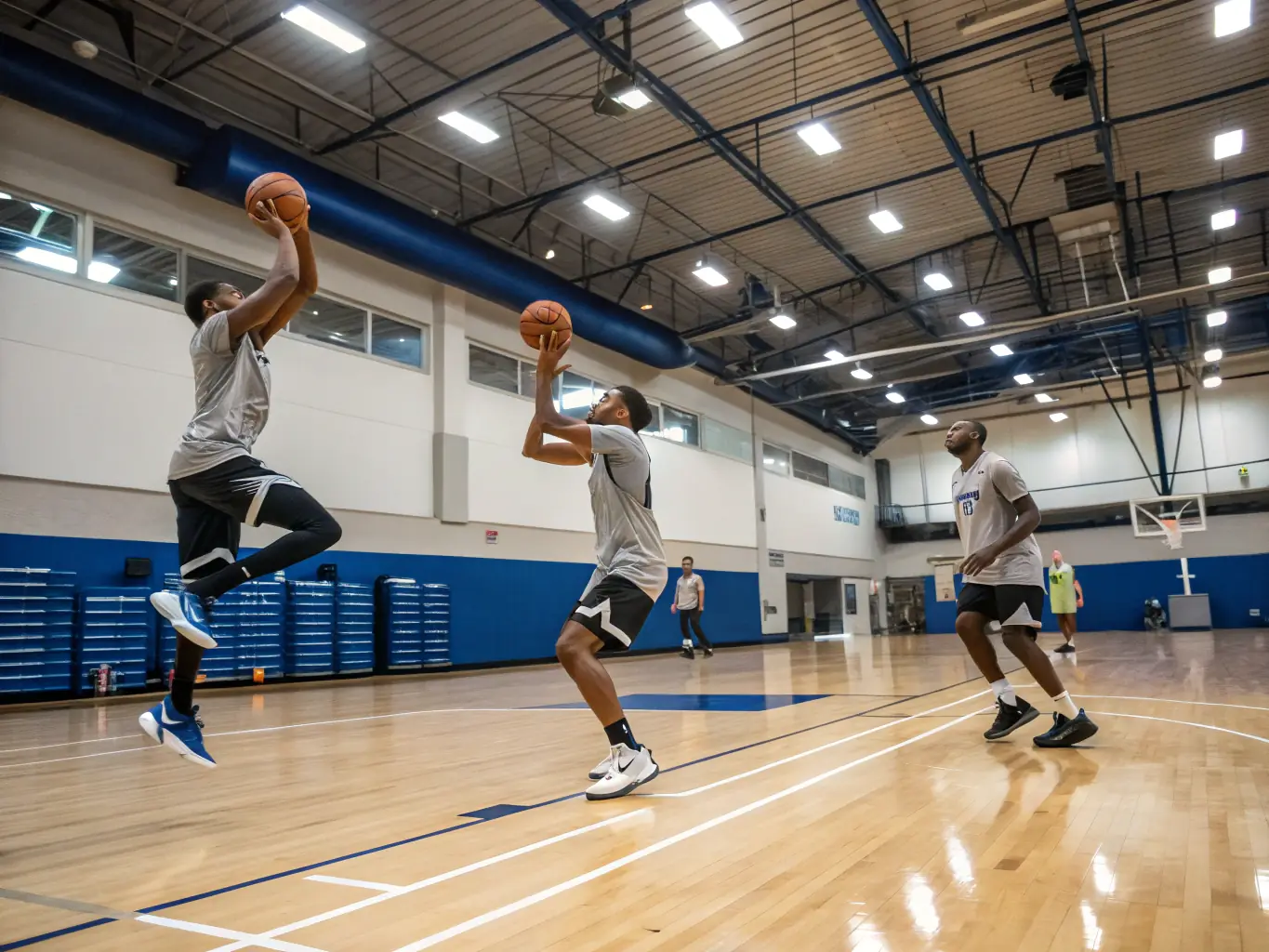 A dynamic shot of a diverse group of UNION SPORTIVE TOUCYCOISE members participating in a basketball game at a local community center, emphasizing teamwork and active engagement.