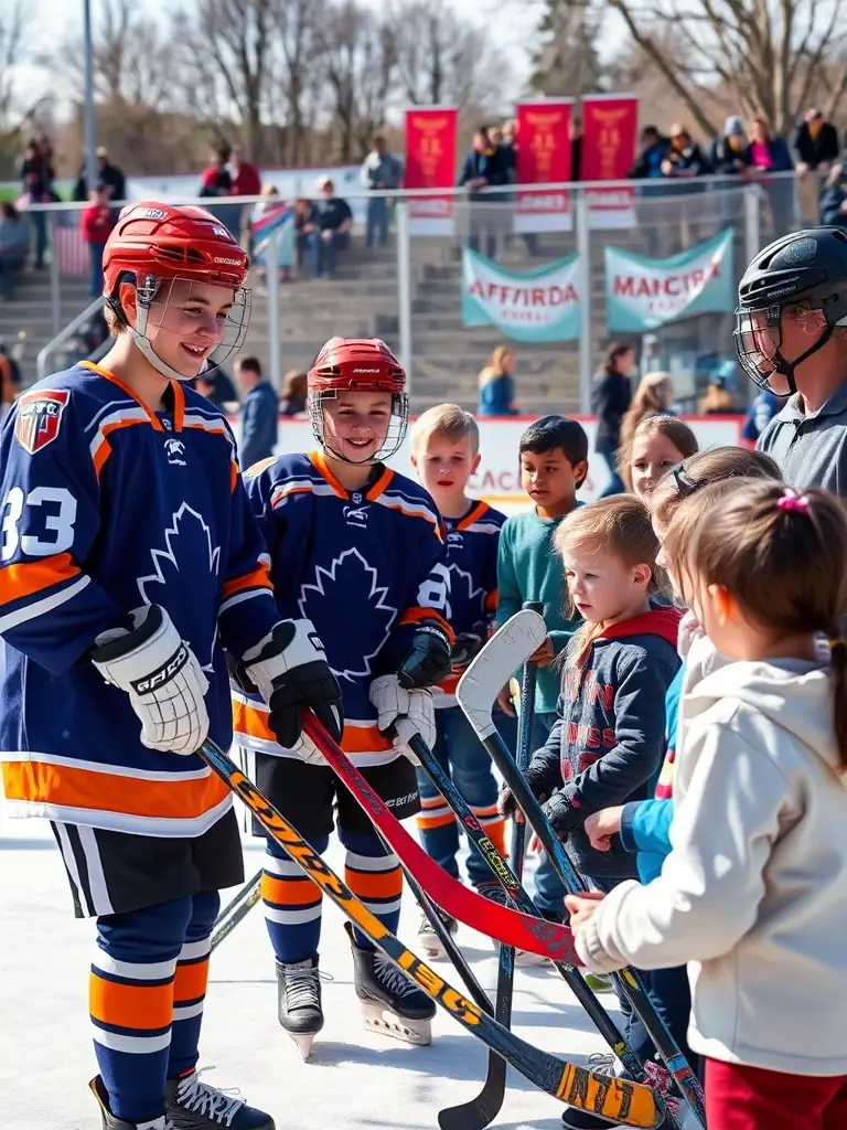 A photo of DMHC players participating in a local community event, interacting with children and promoting ice hockey.