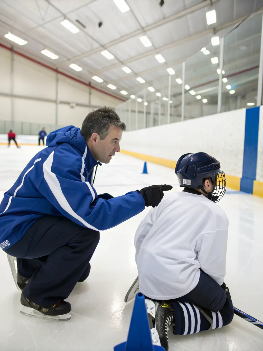 A DMHC coach interacting with young players during a break, providing guidance and encouragement, fostering a positive team spirit.