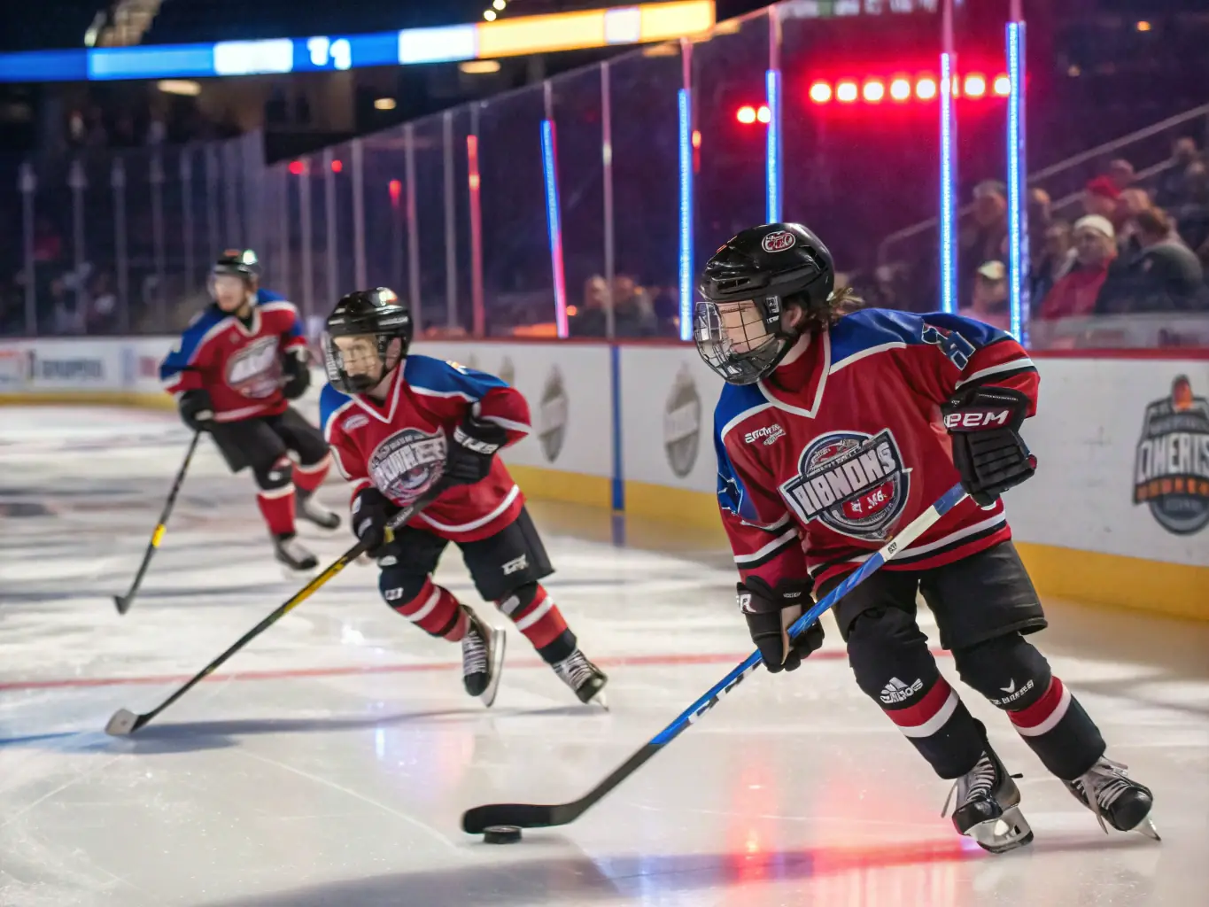 A dynamic image of hockey players in action during a competitive game, representing the high-energy and competitive spirit of Dijon Métropole Hockey Club's advanced programs.
