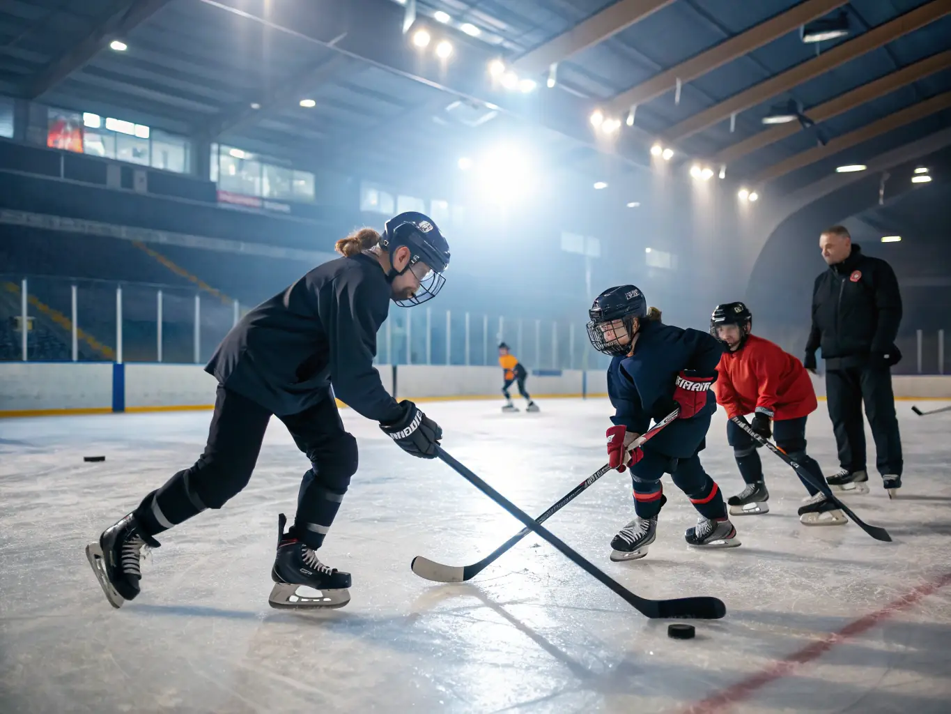 An image of young players practicing on the ice with coaches guiding them, showcasing the Ice Hockey Training Programs offered by Dijon Métropole Hockey Club.